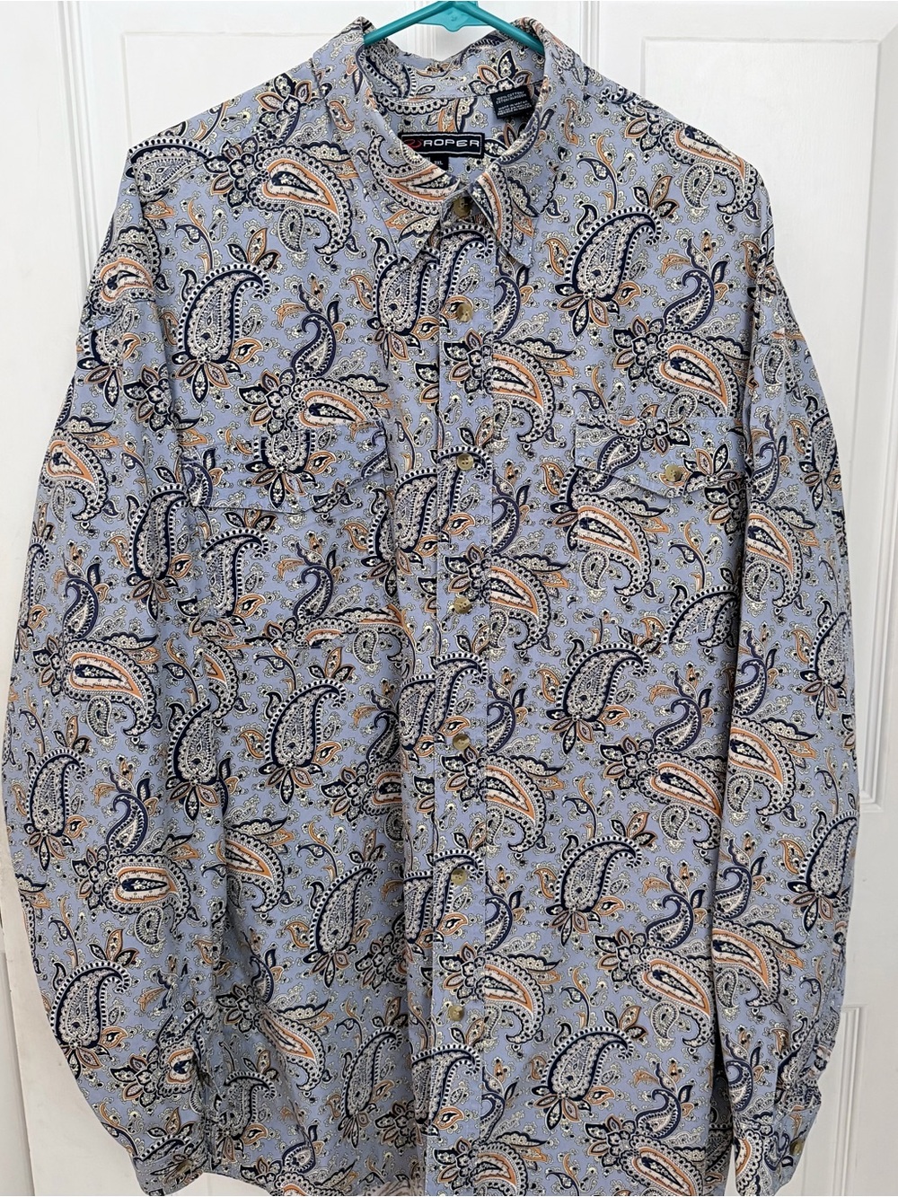 Roper Western Light Blue Paisley Button-Up Shirt, Mens XXL